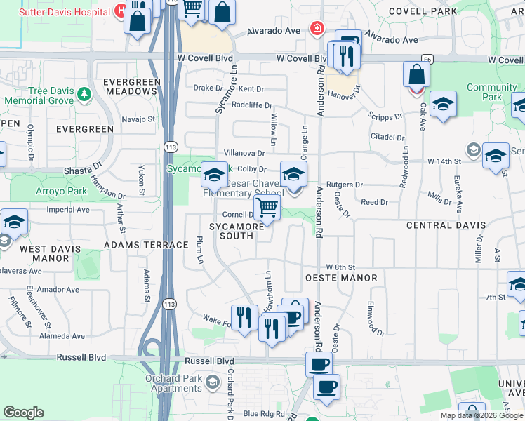 map of restaurants, bars, coffee shops, grocery stores, and more near 1102 Cornell Drive in Davis