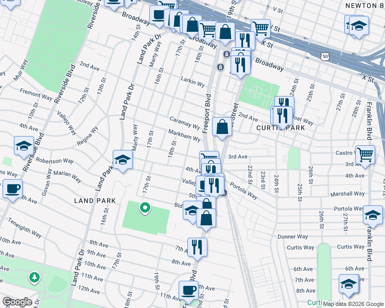 map of restaurants, bars, coffee shops, grocery stores, and more near 2801 19th Street in Sacramento
