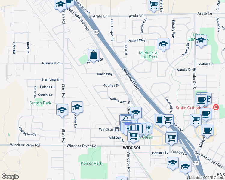 map of restaurants, bars, coffee shops, grocery stores, and more near 341 Jesse Ray Place in Windsor