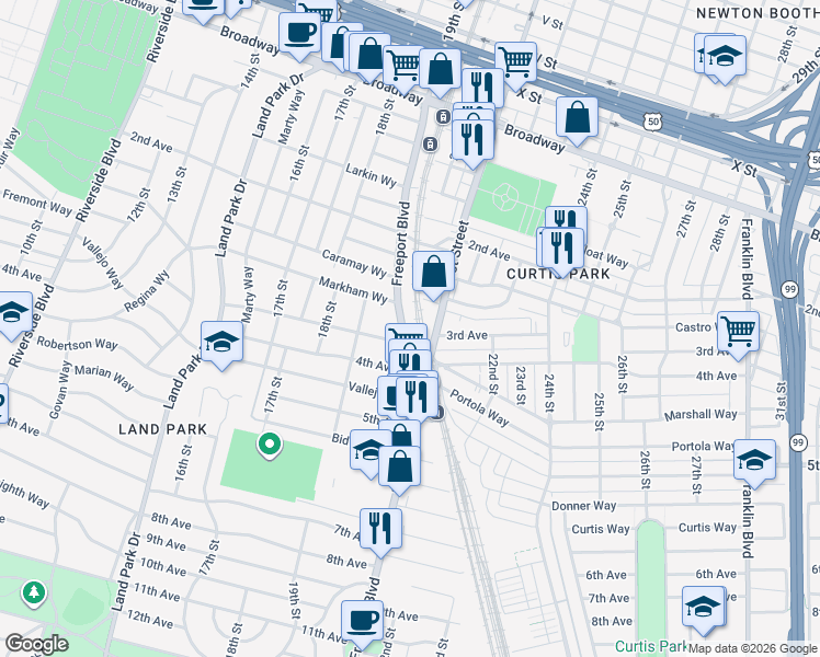 map of restaurants, bars, coffee shops, grocery stores, and more near 1980 3rd Avenue in Sacramento