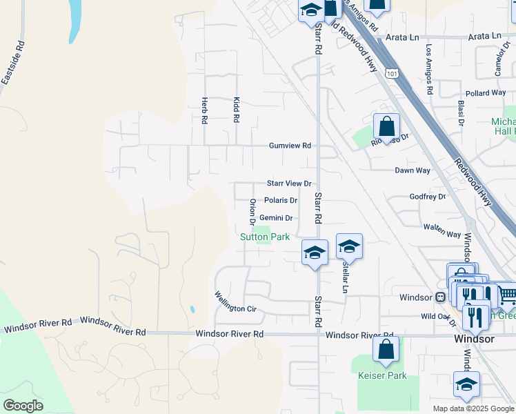 map of restaurants, bars, coffee shops, grocery stores, and more near 9675 Orion Drive in Windsor