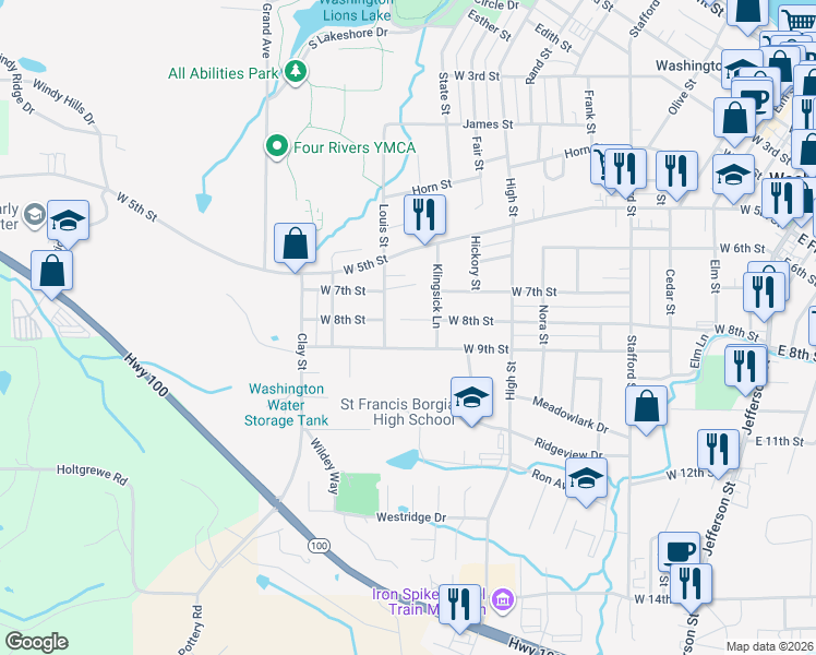 map of restaurants, bars, coffee shops, grocery stores, and more near 1125 West 9th Street in Washington