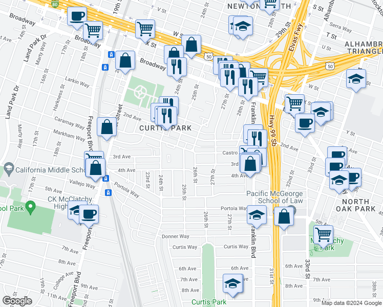 map of restaurants, bars, coffee shops, grocery stores, and more near 2744 26th St in Sacramento