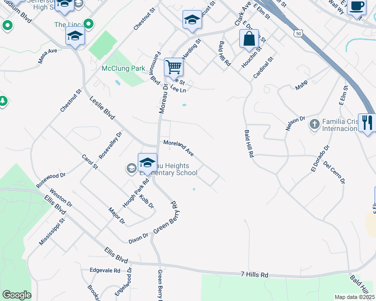 map of restaurants, bars, coffee shops, grocery stores, and more near 1311 Moreland Avenue in Jefferson City