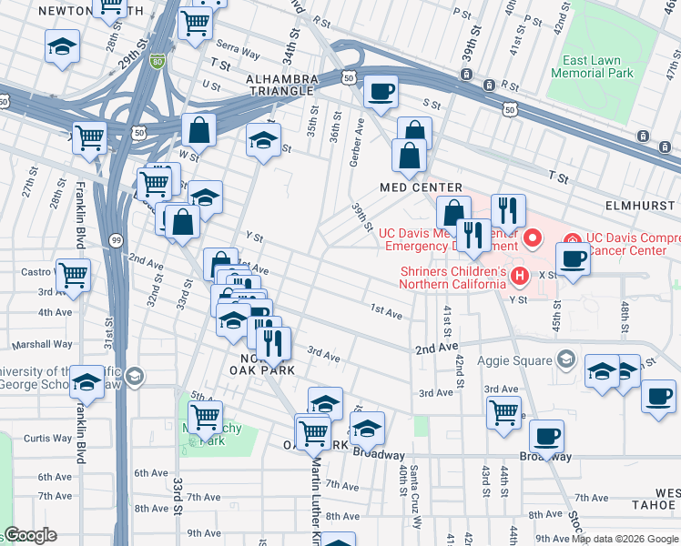 map of restaurants, bars, coffee shops, grocery stores, and more near 3743 1st Avenue in Sacramento