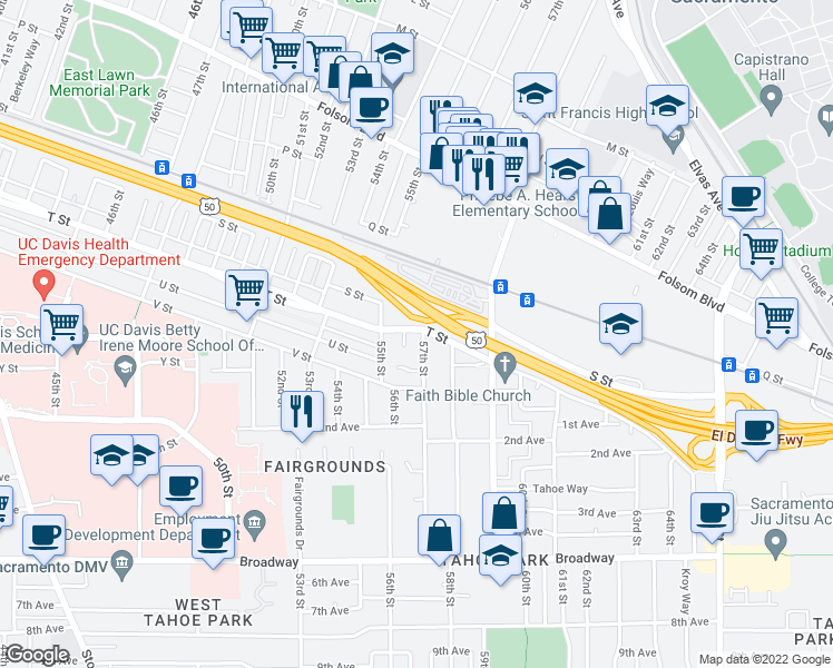 map of restaurants, bars, coffee shops, grocery stores, and more near 5630 T Street in Sacramento