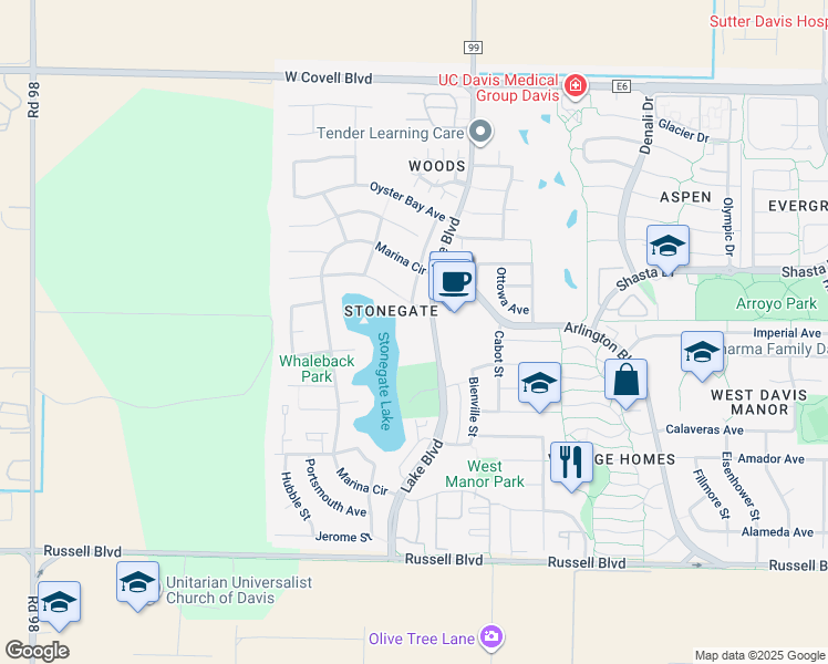 map of restaurants, bars, coffee shops, grocery stores, and more near 1065 Lake Boulevard in Davis