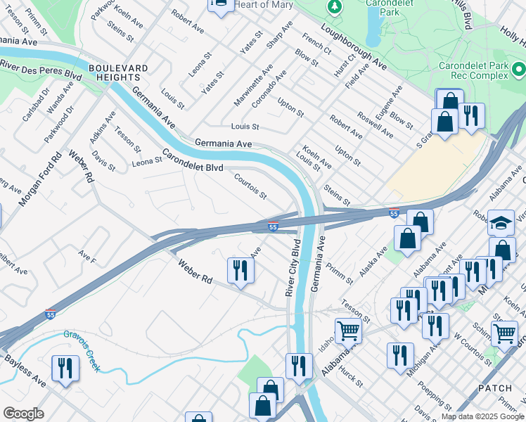 map of restaurants, bars, coffee shops, grocery stores, and more near 3728 Primm Street in St. Louis
