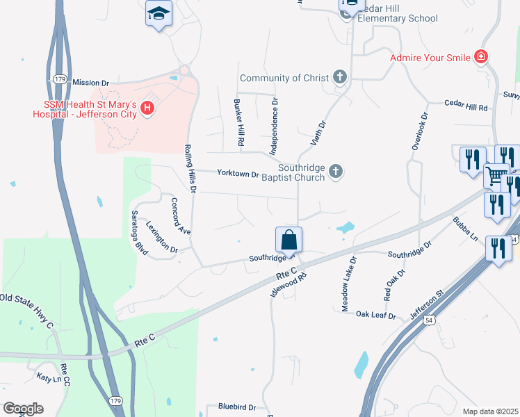 map of restaurants, bars, coffee shops, grocery stores, and more near 1943-1999 Bunker Hill Road in Jefferson City