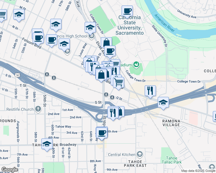 map of restaurants, bars, coffee shops, grocery stores, and more near 1500 67th Street in Sacramento