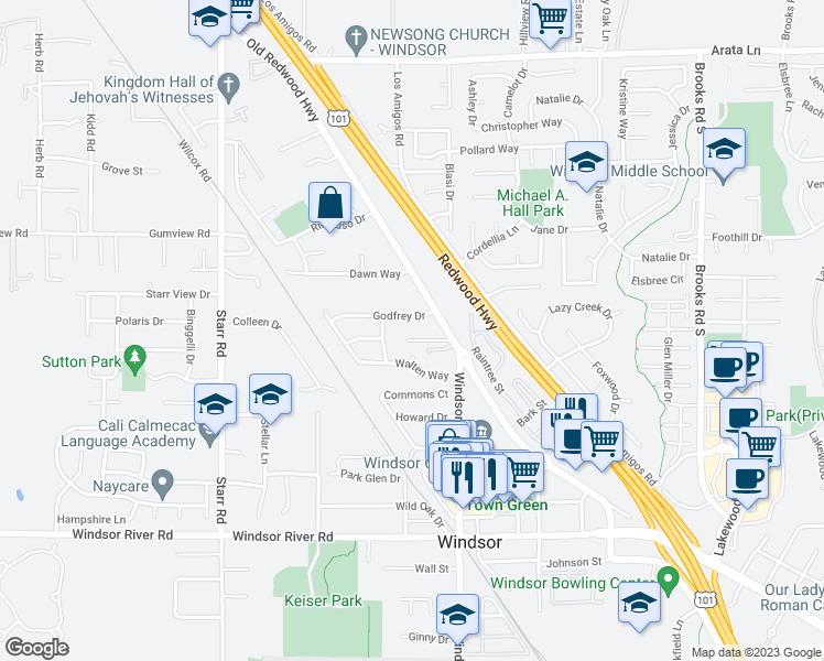 map of restaurants, bars, coffee shops, grocery stores, and more near 9603 Jesse Ray Place in Windsor
