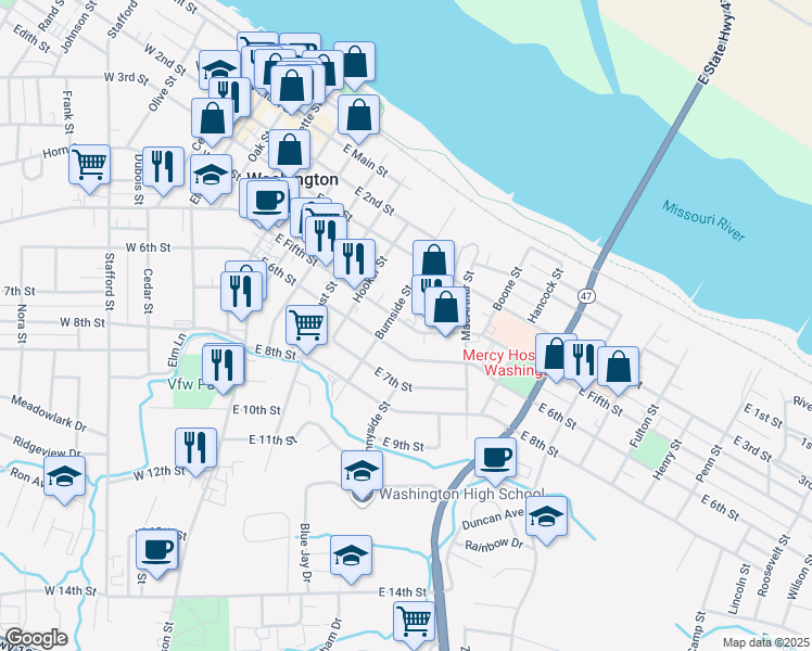 map of restaurants, bars, coffee shops, grocery stores, and more near 520 East Fifth Street in Washington