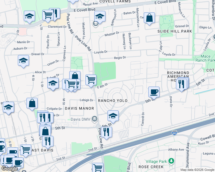 map of restaurants, bars, coffee shops, grocery stores, and more near 231 Full Circle in Davis