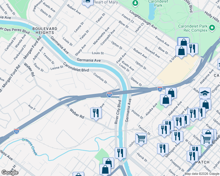 map of restaurants, bars, coffee shops, grocery stores, and more near 7807 Waddell Avenue in St. Louis