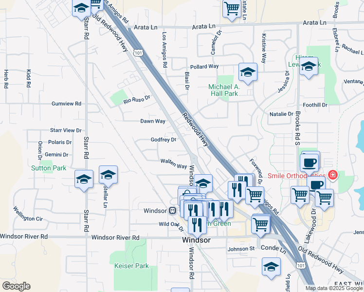 map of restaurants, bars, coffee shops, grocery stores, and more near 9619 Old Redwood Highway in Windsor