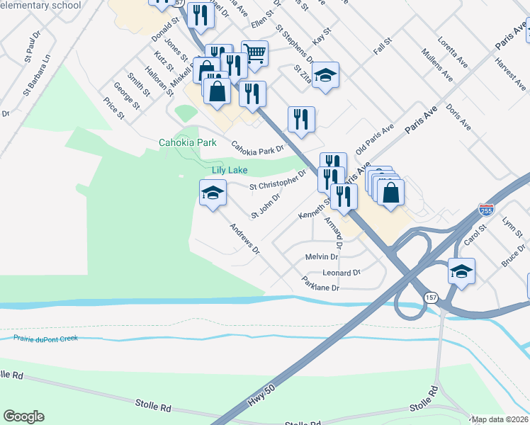 map of restaurants, bars, coffee shops, grocery stores, and more near 141 Blue Water Lane in Cahokia