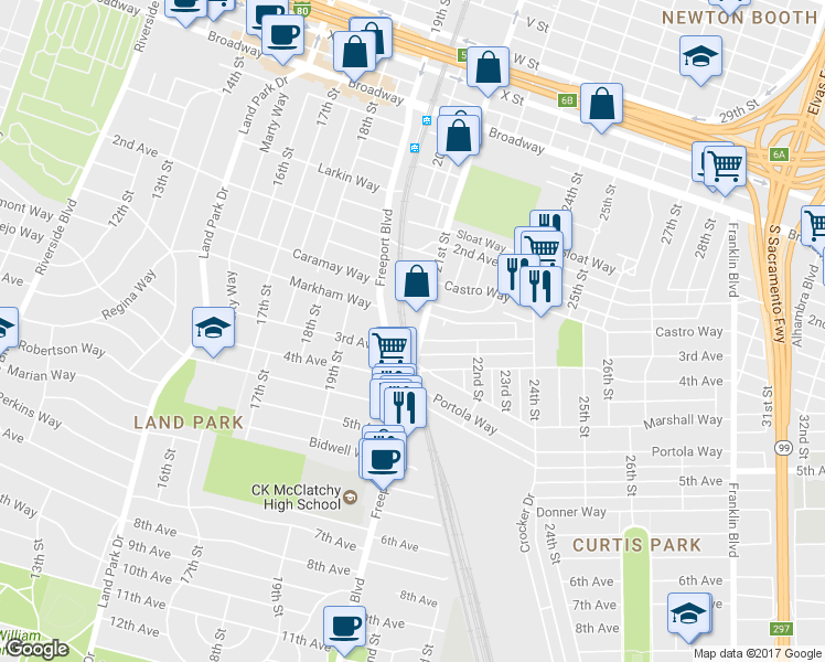 map of restaurants, bars, coffee shops, grocery stores, and more near 2815 21st Street in Sacramento