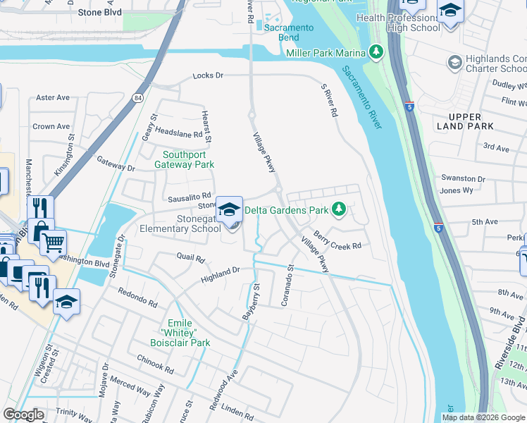 map of restaurants, bars, coffee shops, grocery stores, and more near 2479 Lone Pine Court in West Sacramento