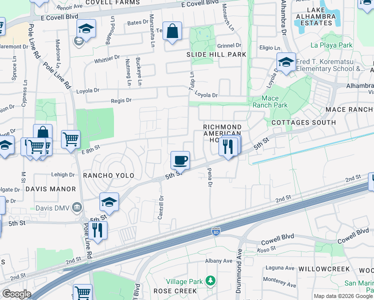 map of restaurants, bars, coffee shops, grocery stores, and more near 2713 Montefrio Lane in Davis