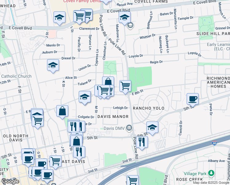 map of restaurants, bars, coffee shops, grocery stores, and more near 1850 East 8th Street in Davis