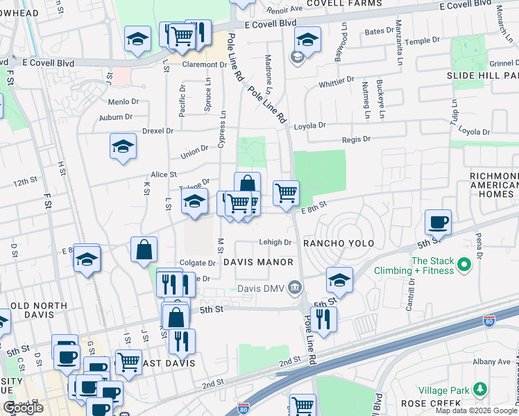map of restaurants, bars, coffee shops, grocery stores, and more near 1850 East 8th Street in Davis