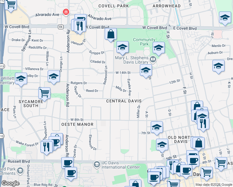 map of restaurants, bars, coffee shops, grocery stores, and more near 328 Antioch Drive in Davis