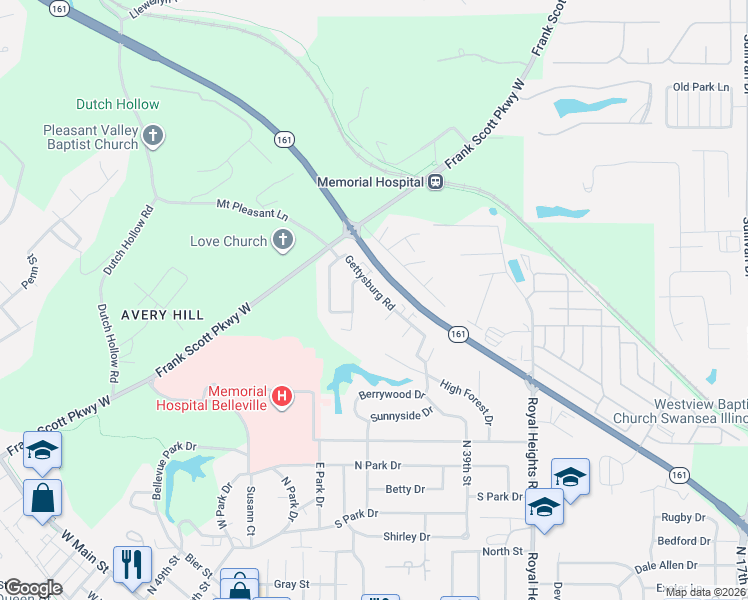 map of restaurants, bars, coffee shops, grocery stores, and more near 1 Abraham Court in Belleville