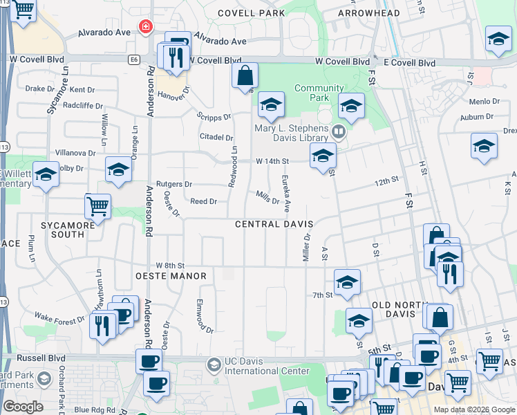 map of restaurants, bars, coffee shops, grocery stores, and more near 328 Antioch Drive in Davis