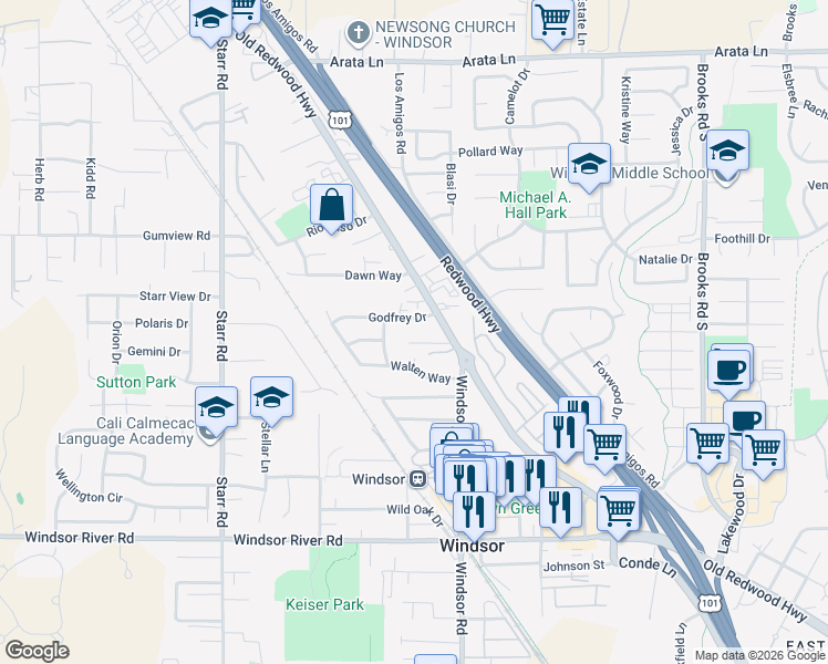map of restaurants, bars, coffee shops, grocery stores, and more near 109 Duchess Court in Windsor