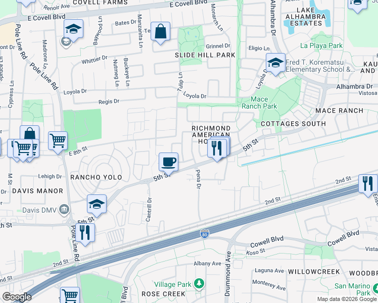 map of restaurants, bars, coffee shops, grocery stores, and more near 801 San Rafael Street in Davis