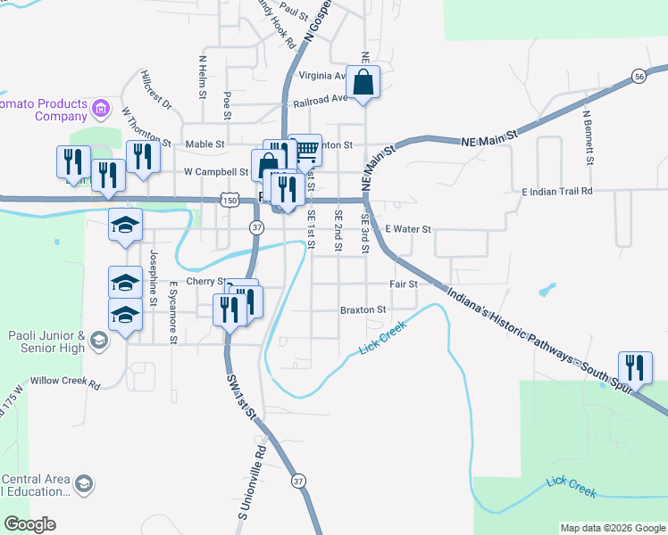 map of restaurants, bars, coffee shops, grocery stores, and more near 401 Southeast 2nd Street in Paoli