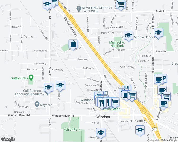 map of restaurants, bars, coffee shops, grocery stores, and more near 9593 Jesse Ray Place in Windsor