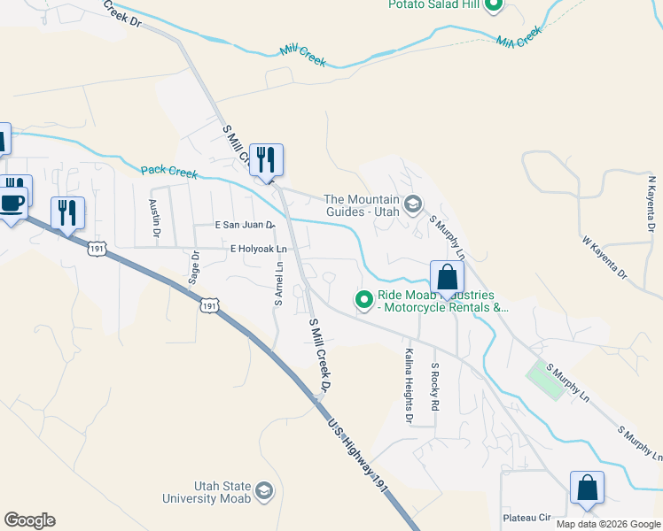 map of restaurants, bars, coffee shops, grocery stores, and more near 1381 Spanish Valley Drive in Moab