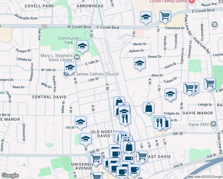 map of restaurants, bars, coffee shops, grocery stores, and more near 727 10th Street in Davis