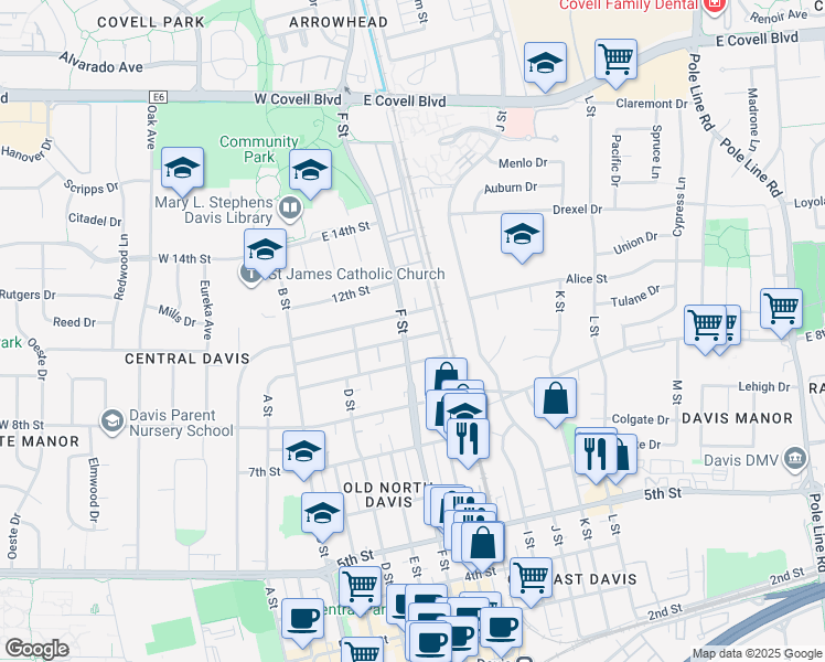 map of restaurants, bars, coffee shops, grocery stores, and more near 715 10th Street in Davis