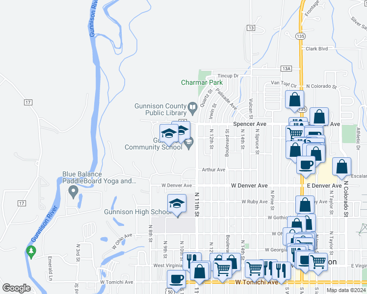 map of restaurants, bars, coffee shops, grocery stores, and more near 1099 North 11th Street in Gunnison