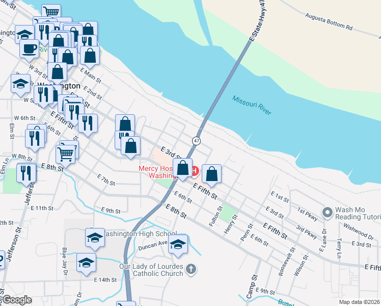 map of restaurants, bars, coffee shops, grocery stores, and more near 126 State Highway 47 in Washington