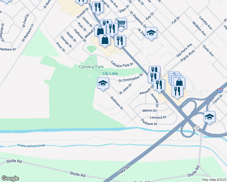 map of restaurants, bars, coffee shops, grocery stores, and more near 1521 Andrews Drive in Cahokia