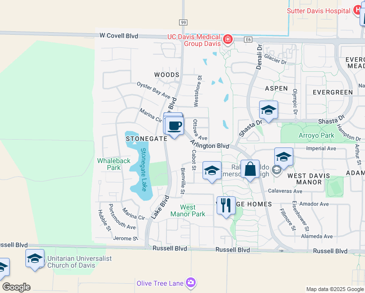 map of restaurants, bars, coffee shops, grocery stores, and more near 1333 Arlington Boulevard in Davis