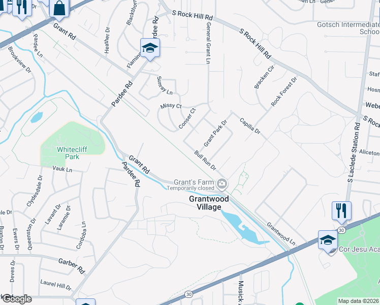 map of restaurants, bars, coffee shops, grocery stores, and more near 7612 Bull Run Drive in St. Louis