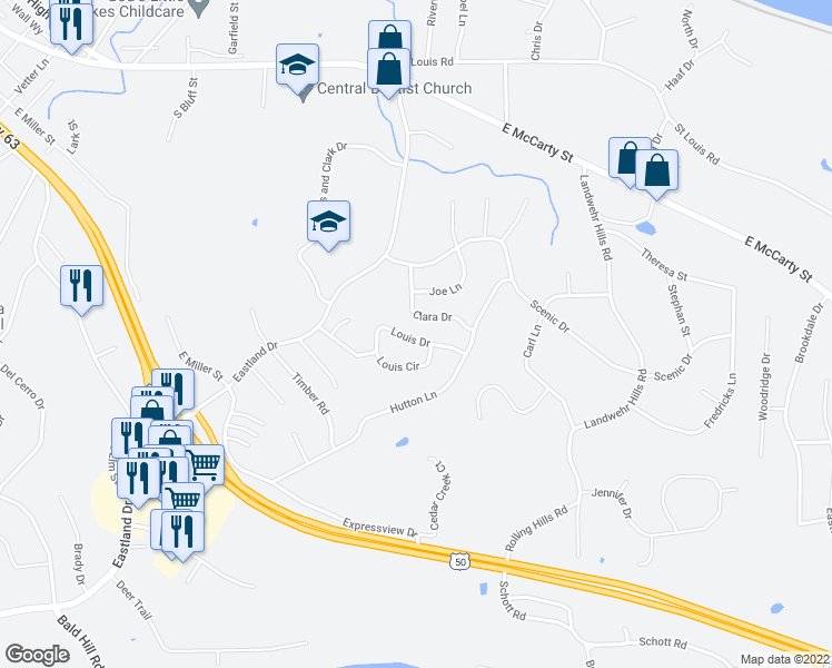 map of restaurants, bars, coffee shops, grocery stores, and more near 2127 Louis Drive in Jefferson City