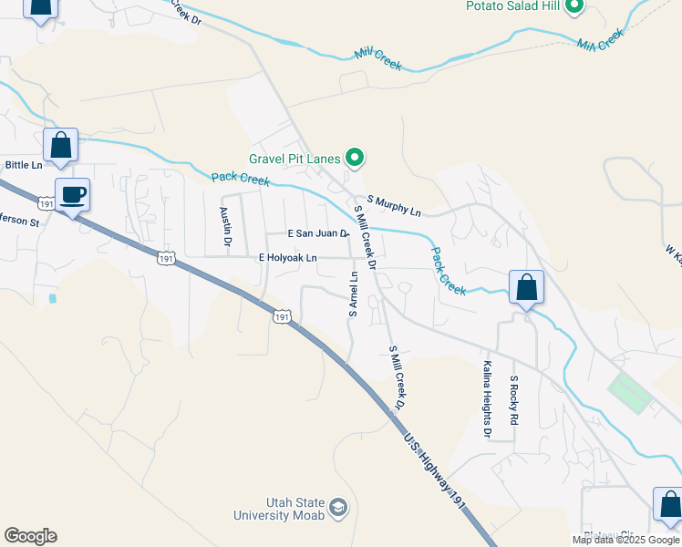 map of restaurants, bars, coffee shops, grocery stores, and more near 1326 Red Valley Court in Moab