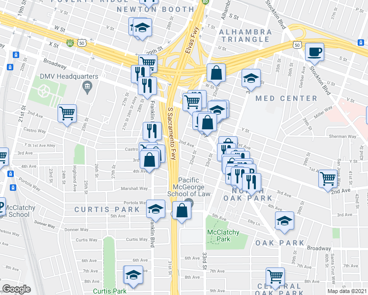 map of restaurants, bars, coffee shops, grocery stores, and more near 3139 3rd Avenue in Sacramento