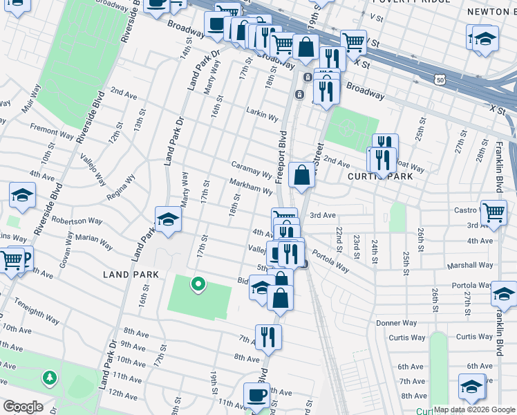 map of restaurants, bars, coffee shops, grocery stores, and more near 2801 19th Street in Sacramento