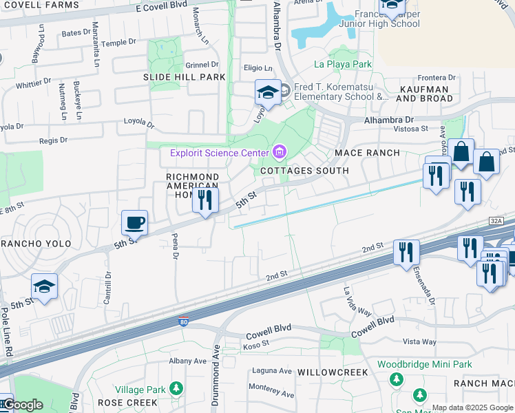 map of restaurants, bars, coffee shops, grocery stores, and more near 260 Cousteau Place in Davis