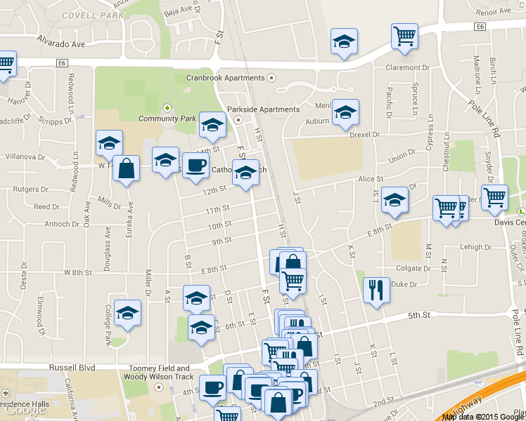 map of restaurants, bars, coffee shops, grocery stores, and more near 803 9th Street in Davis
