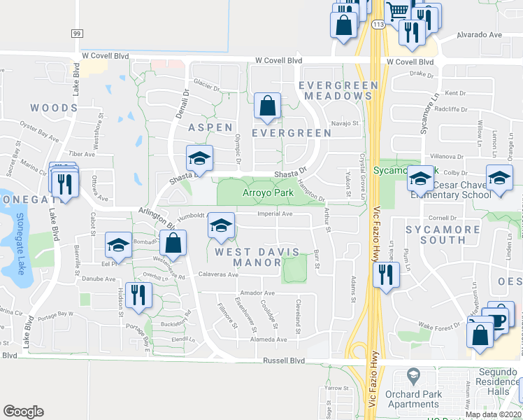 map of restaurants, bars, coffee shops, grocery stores, and more near 1909 Humboldt Avenue in Davis