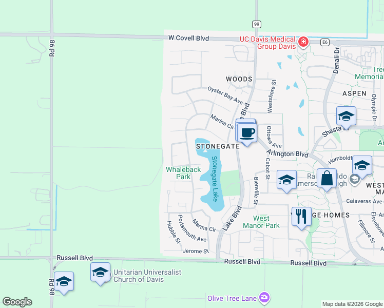 map of restaurants, bars, coffee shops, grocery stores, and more near 3122 Beacon Bay Place in Davis