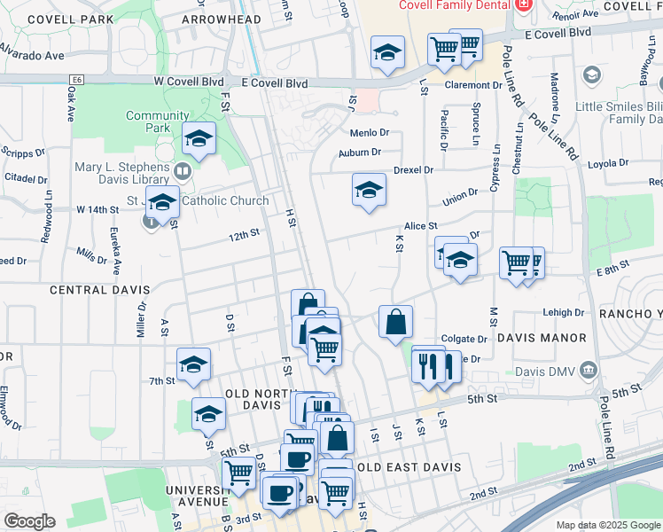 map of restaurants, bars, coffee shops, grocery stores, and more near 931 J Street in Davis