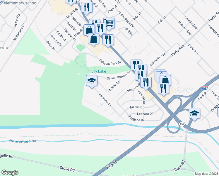 map of restaurants, bars, coffee shops, grocery stores, and more near 141 Blue Water Lane in Cahokia